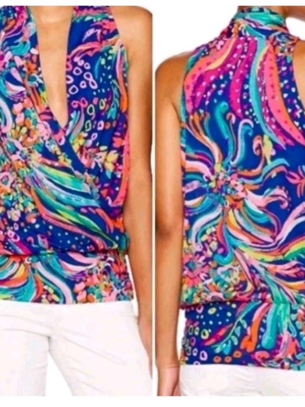 Lilly Pulitzer Womens Tank Top XS Heron Beach Loot Sleeveless Faux Wrap Drape